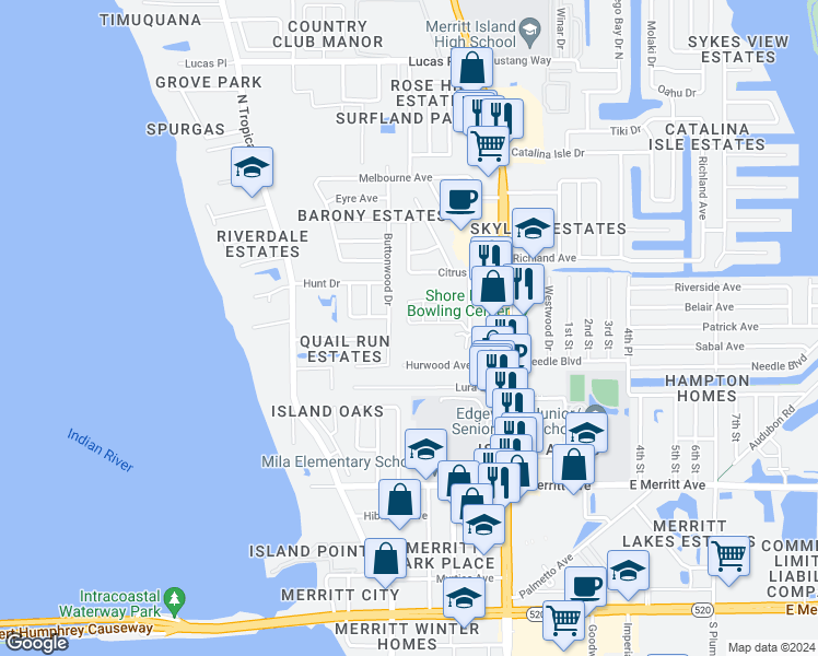 map of restaurants, bars, coffee shops, grocery stores, and more near 195 Minna Lane in Merritt Island