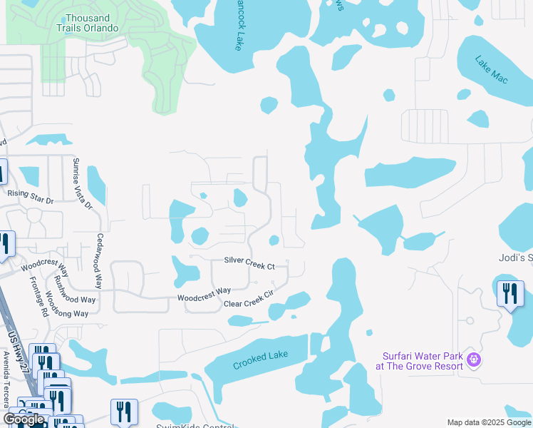 map of restaurants, bars, coffee shops, grocery stores, and more near 17625 Woodcrest Way in Clermont