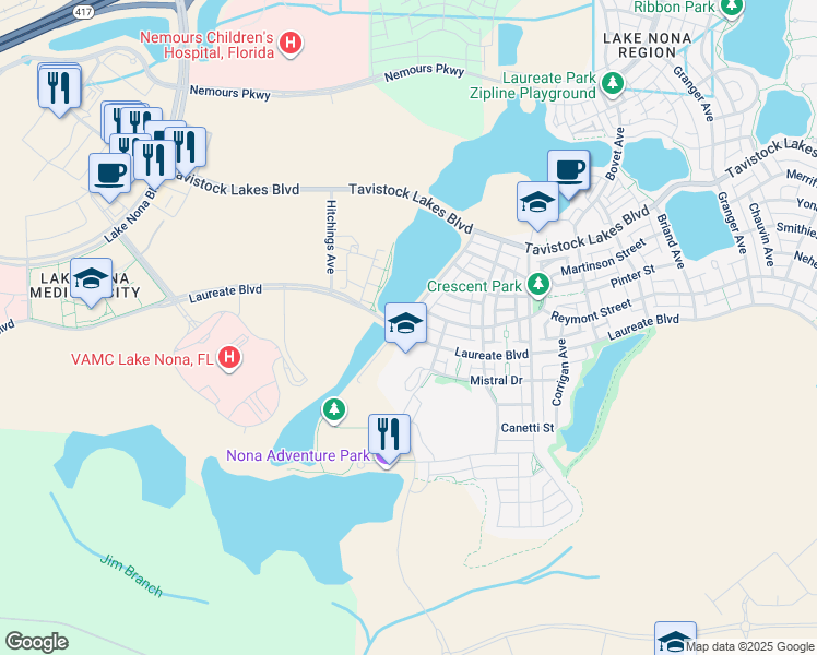 map of restaurants, bars, coffee shops, grocery stores, and more near 13889 Benavente Avenue in Orlando