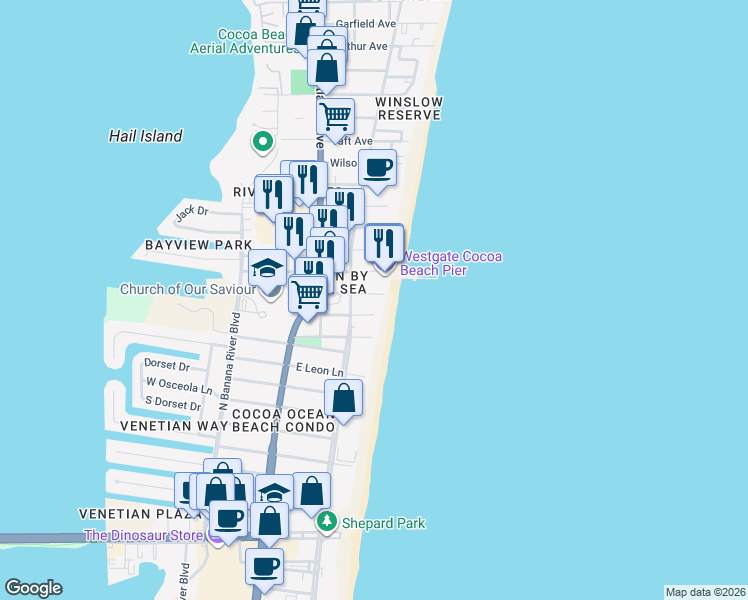 map of restaurants, bars, coffee shops, grocery stores, and more near 5300 Ocean Beach Boulevard in Cocoa Beach