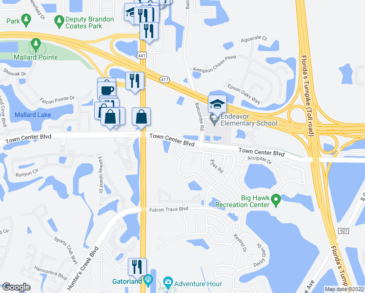 map of restaurants, bars, coffee shops, grocery stores, and more near 1844 Nestlewood Trail in Orlando