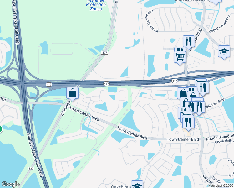 map of restaurants, bars, coffee shops, grocery stores, and more near 855 Flower Fields Lane in Orlando