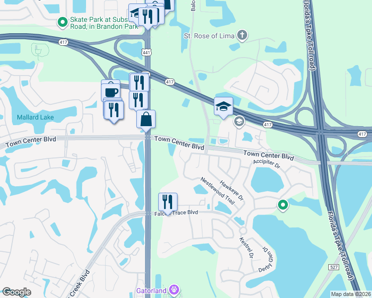 map of restaurants, bars, coffee shops, grocery stores, and more near 1831 Nestlewood Trail in Orlando