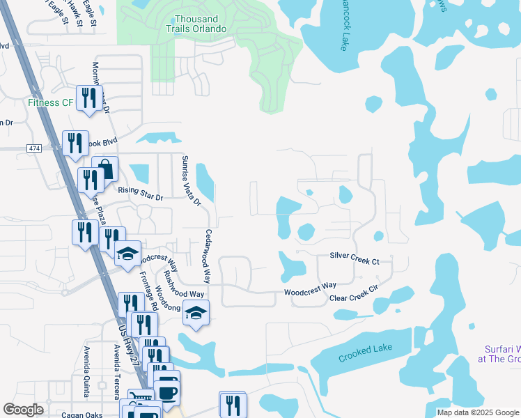 map of restaurants, bars, coffee shops, grocery stores, and more near 17229 Blessing Drive in Clermont
