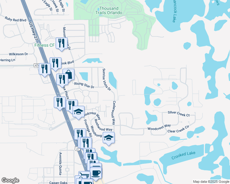 map of restaurants, bars, coffee shops, grocery stores, and more near 16935 Sunrise Vista Drive in Clermont