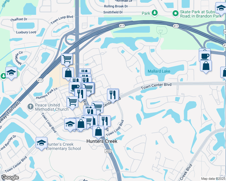 map of restaurants, bars, coffee shops, grocery stores, and more near 3912 Promenade Square Drive in Orlando