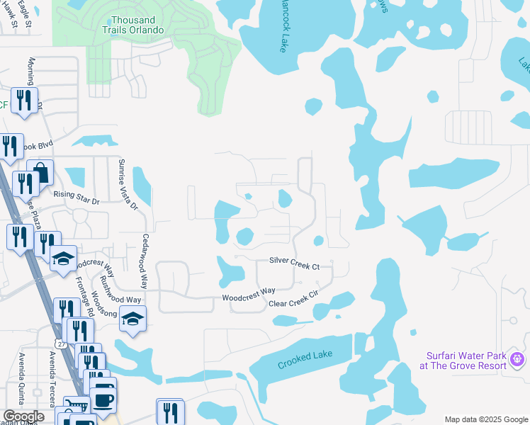 map of restaurants, bars, coffee shops, grocery stores, and more near 17504 Blessing Drive in Clermont