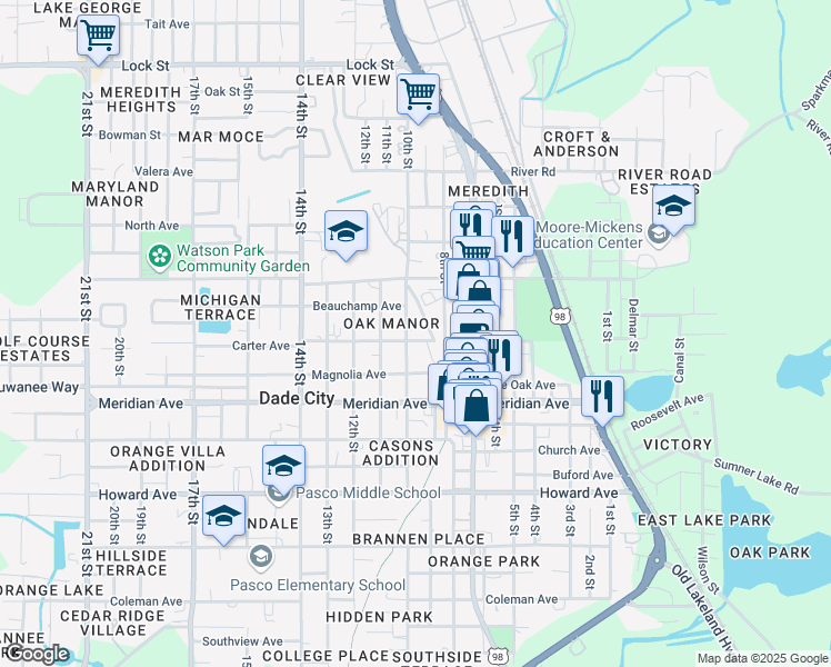 map of restaurants, bars, coffee shops, grocery stores, and more near 14321 9th Street in Dade City