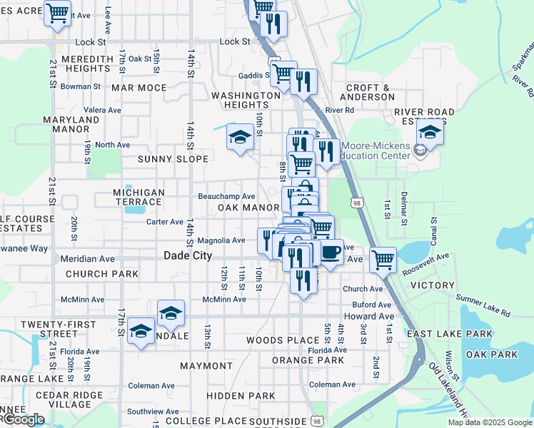 map of restaurants, bars, coffee shops, grocery stores, and more near 14321 9th Street in Dade City