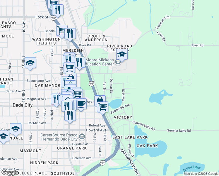 map of restaurants, bars, coffee shops, grocery stores, and more near 14312 1st Street in Dade City