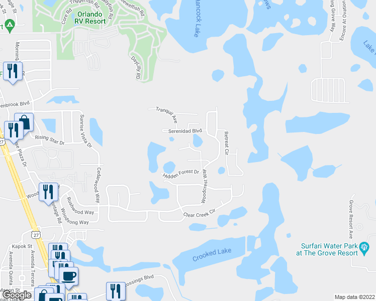 map of restaurants, bars, coffee shops, grocery stores, and more near 17520 Blessing Drive in Clermont