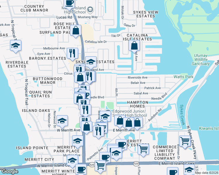 map of restaurants, bars, coffee shops, grocery stores, and more near 311 3rd Street in Merritt Island