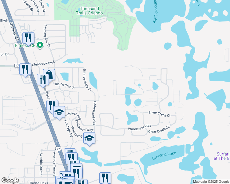 map of restaurants, bars, coffee shops, grocery stores, and more near 17143 Blessing Drive in Clermont