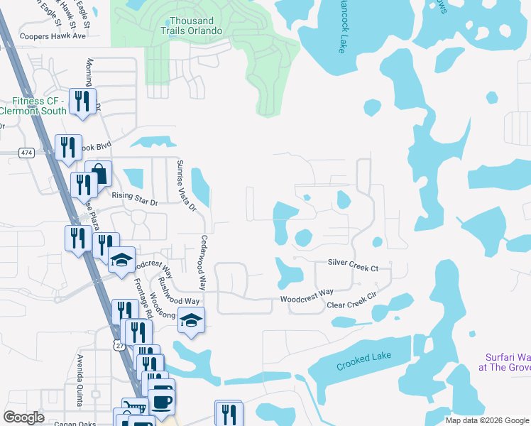 map of restaurants, bars, coffee shops, grocery stores, and more near 17229 Blessing Drive in Clermont