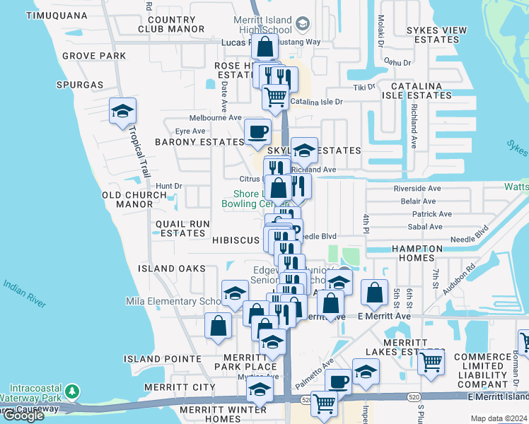 map of restaurants, bars, coffee shops, grocery stores, and more near 600 Kurek Court in Merritt Island