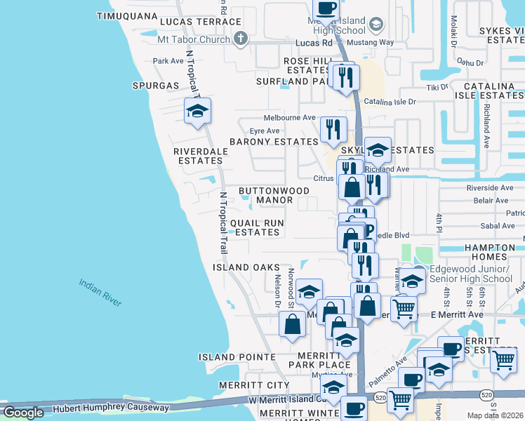 map of restaurants, bars, coffee shops, grocery stores, and more near 270 Quail Drive in Merritt Island