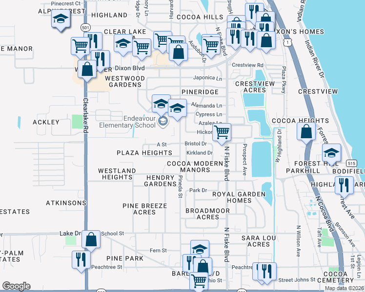 map of restaurants, bars, coffee shops, grocery stores, and more near 1119 Bristol Drive in Cocoa
