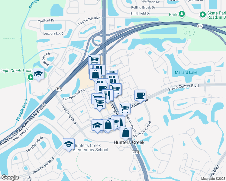 map of restaurants, bars, coffee shops, grocery stores, and more near 13769 South John Young Parkway in Orlando
