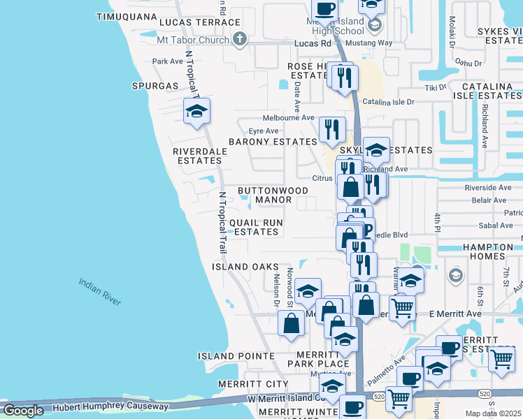 map of restaurants, bars, coffee shops, grocery stores, and more near 275 Alaska Road in Merritt Island