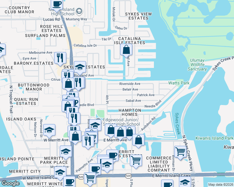 map of restaurants, bars, coffee shops, grocery stores, and more near 295 Patrick Avenue in Merritt Island