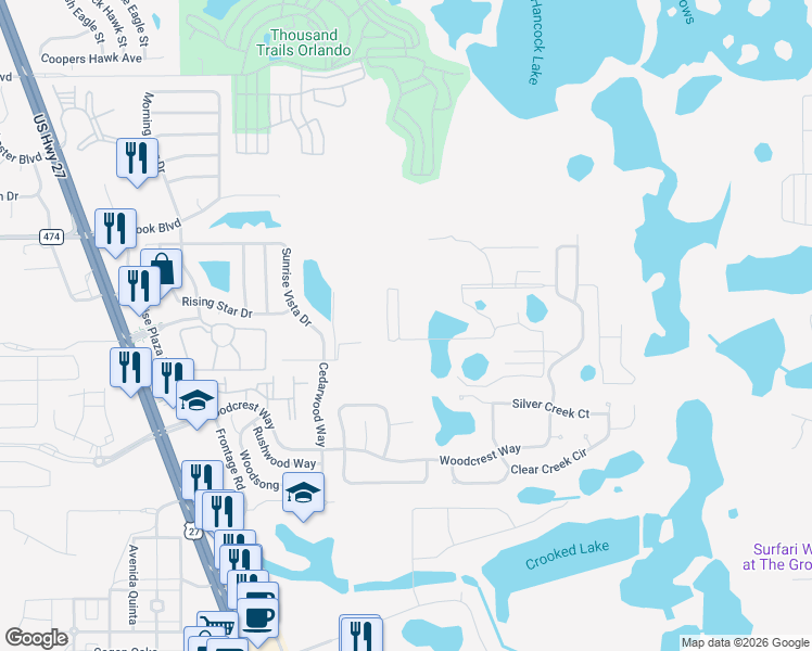 map of restaurants, bars, coffee shops, grocery stores, and more near 17229 Blessing Drive in Clermont
