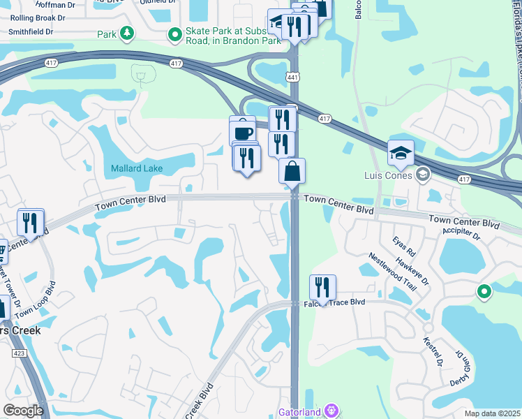 map of restaurants, bars, coffee shops, grocery stores, and more near 13500 Turtle Marsh Loop in Orlando