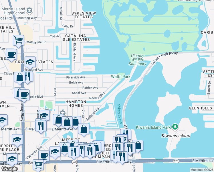 map of restaurants, bars, coffee shops, grocery stores, and more near 580 Patrick Avenue in Merritt Island