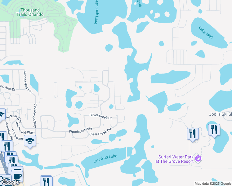 map of restaurants, bars, coffee shops, grocery stores, and more near 1657 Retreat Circle in Clermont