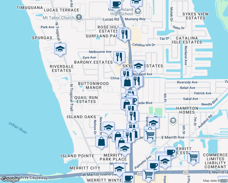 map of restaurants, bars, coffee shops, grocery stores, and more near 105 Minna Lane in Merritt Island