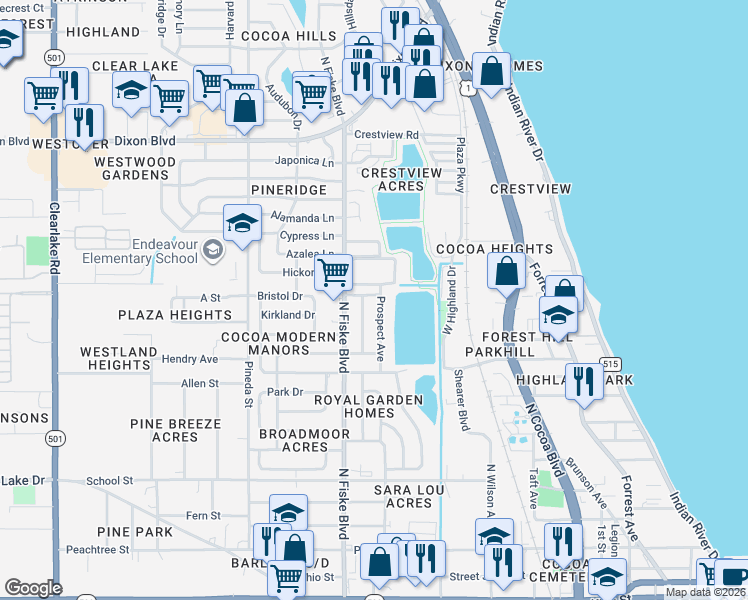 map of restaurants, bars, coffee shops, grocery stores, and more near 713 Thomas Avenue in Cocoa