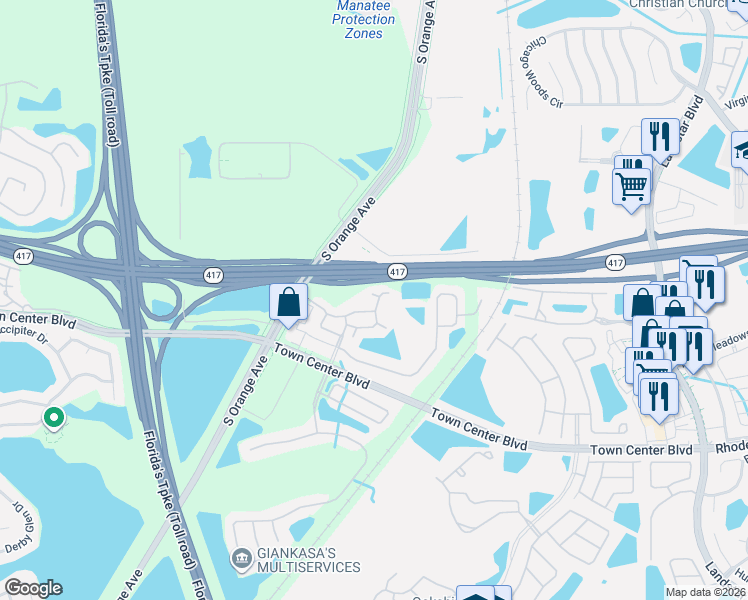 map of restaurants, bars, coffee shops, grocery stores, and more near 278 Glowing Peace Lane in Orlando