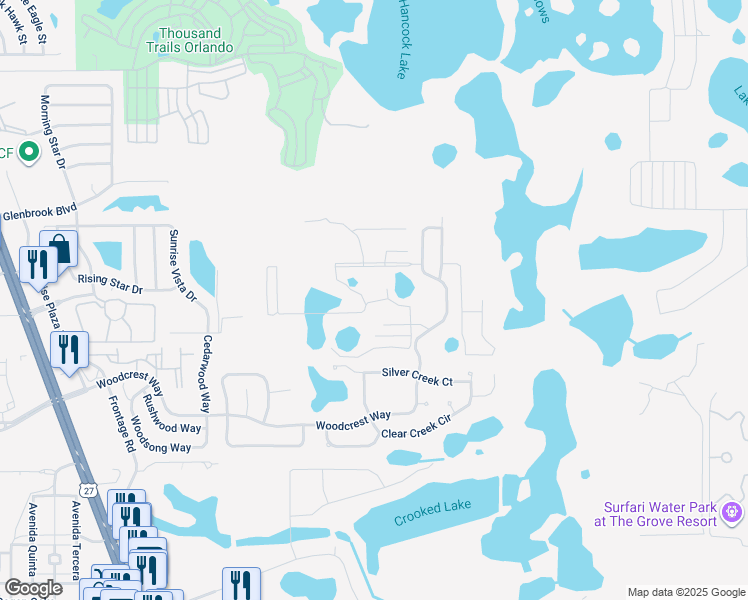 map of restaurants, bars, coffee shops, grocery stores, and more near 17104 Blessing Drive in Clermont
