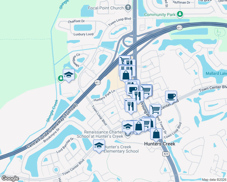 map of restaurants, bars, coffee shops, grocery stores, and more near Hunters Park Lane in Orlando