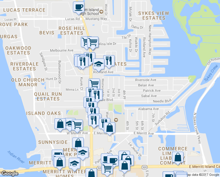 map of restaurants, bars, coffee shops, grocery stores, and more near 207 2nd Street in Merritt Island