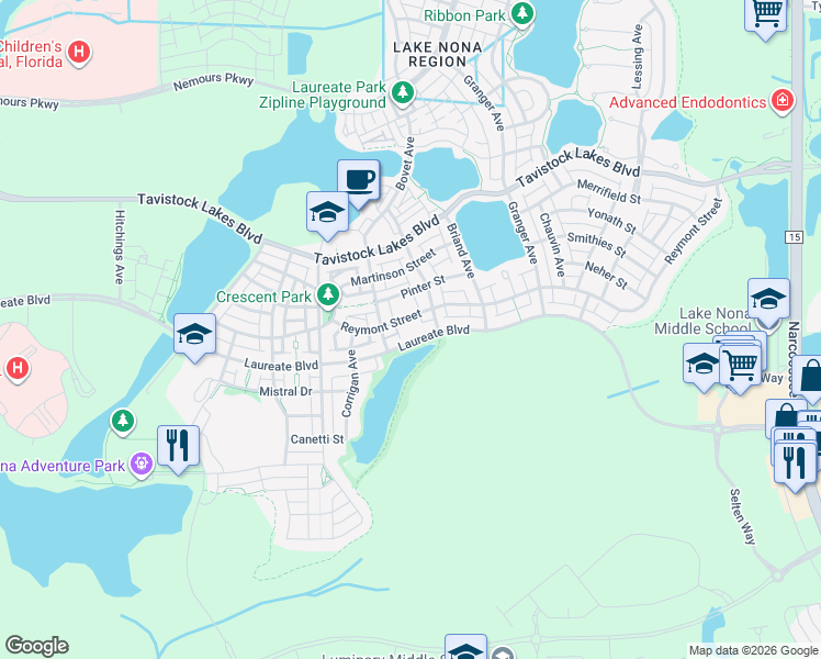 map of restaurants, bars, coffee shops, grocery stores, and more near 8607 Laureate Boulevard in Orlando