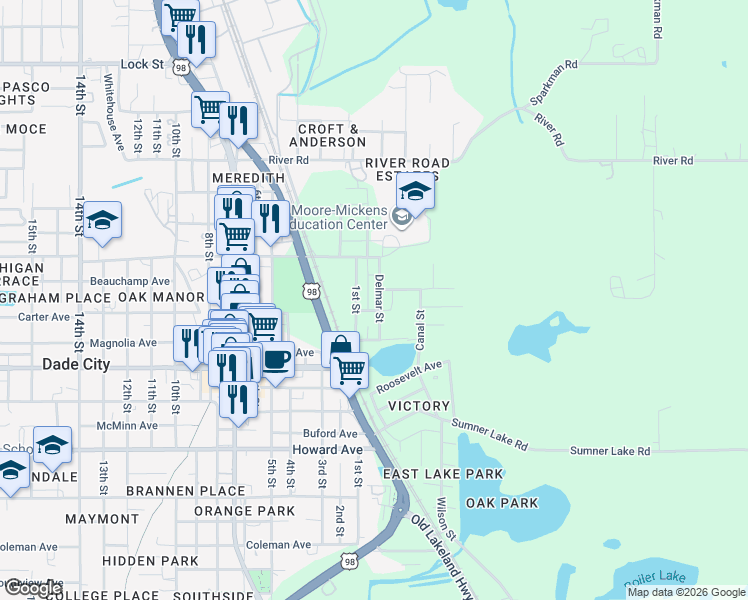 map of restaurants, bars, coffee shops, grocery stores, and more near 14341 Delmar Street in Dade City