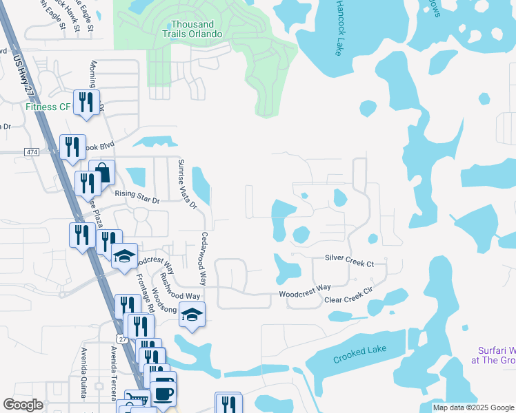 map of restaurants, bars, coffee shops, grocery stores, and more near 17229 Blessing Drive in Clermont