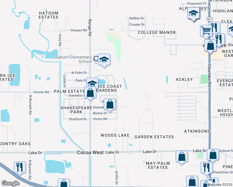 map of restaurants, bars, coffee shops, grocery stores, and more near 2393 Victor Road in Cocoa