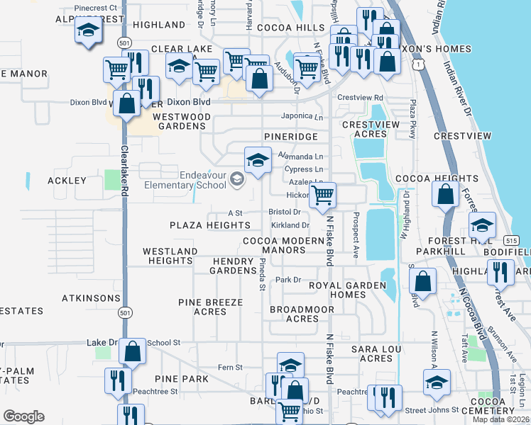 map of restaurants, bars, coffee shops, grocery stores, and more near in Cocoa