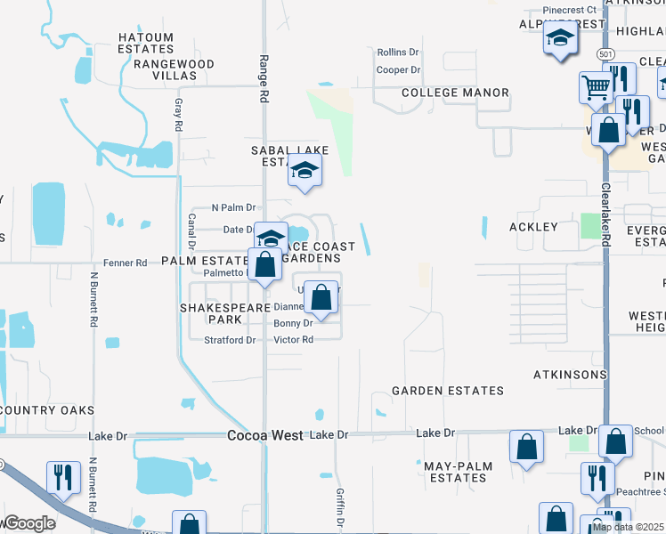 map of restaurants, bars, coffee shops, grocery stores, and more near 2393 Victor Road in Cocoa