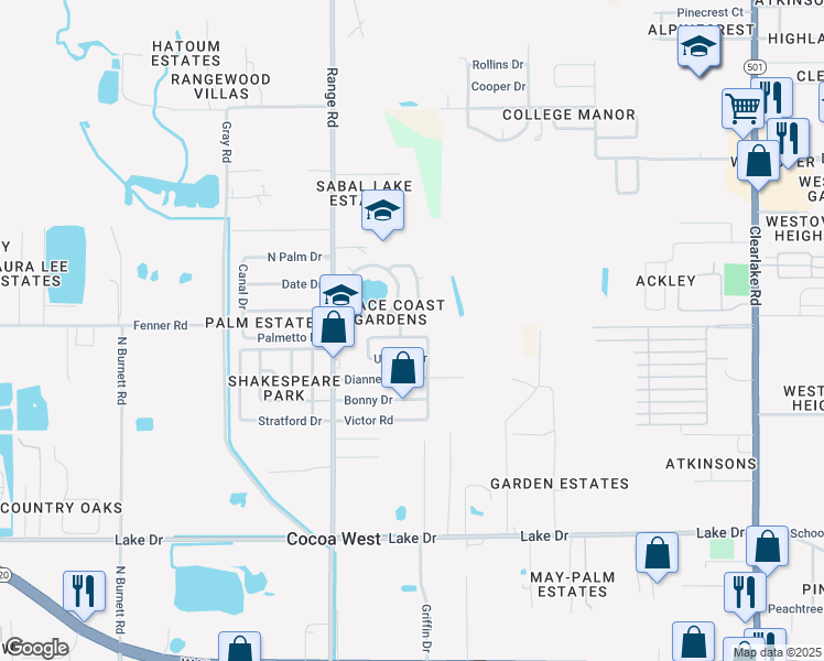 map of restaurants, bars, coffee shops, grocery stores, and more near 2460 Uranus Drive in Cocoa