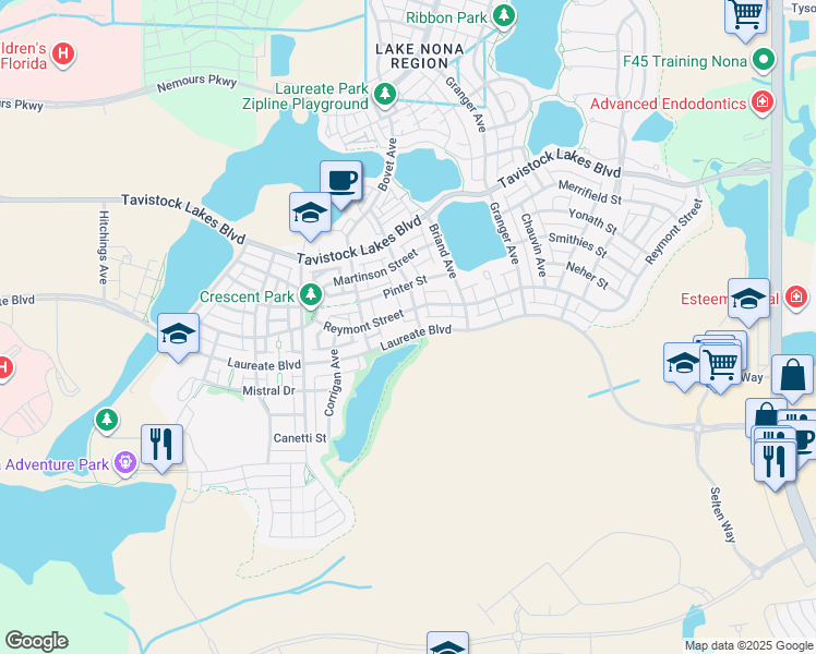 map of restaurants, bars, coffee shops, grocery stores, and more near 8607 Laureate Boulevard in Orlando