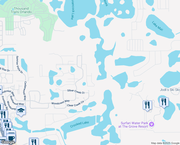 map of restaurants, bars, coffee shops, grocery stores, and more near 1657 Retreat Circle in Clermont
