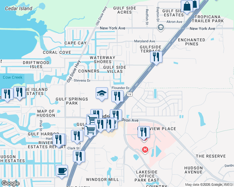 map of restaurants, bars, coffee shops, grocery stores, and more near 14417 U.S. 19 in Hudson