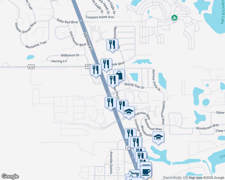 map of restaurants, bars, coffee shops, grocery stores, and more near 1409 Sunrise Plaza Drive in Clermont