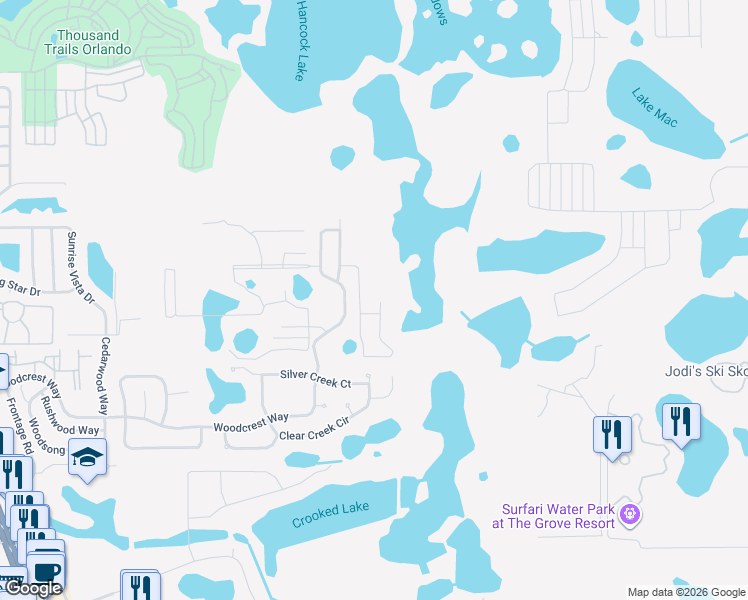 map of restaurants, bars, coffee shops, grocery stores, and more near 1401 Retreat Circle in Clermont