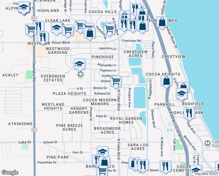 map of restaurants, bars, coffee shops, grocery stores, and more near 1001 Bristol Drive in Cocoa