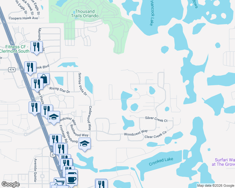 map of restaurants, bars, coffee shops, grocery stores, and more near 17229 Blessing Drive in Clermont