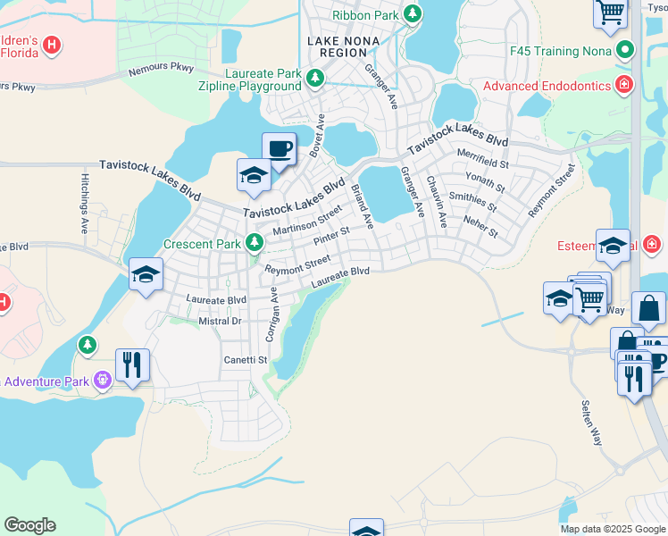 map of restaurants, bars, coffee shops, grocery stores, and more near 8607 Laureate Boulevard in Orlando