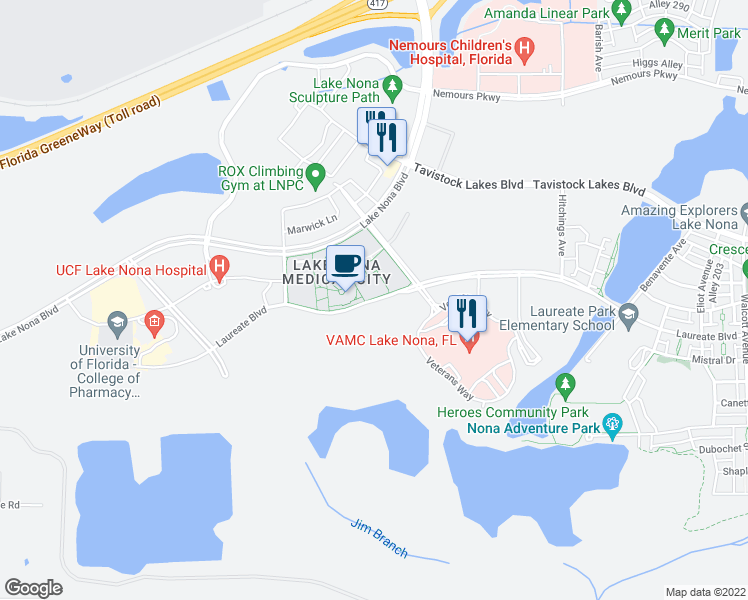 map of restaurants, bars, coffee shops, grocery stores, and more near 8833 Laureate Boulevard in Orlando